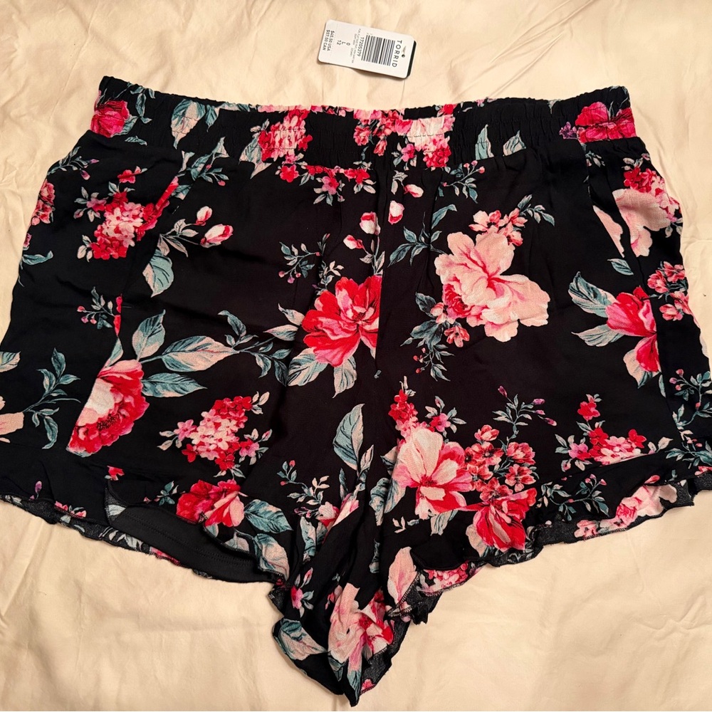 Torrid Floral Black Elastic Waist Shorts - Pink & Red Blooms